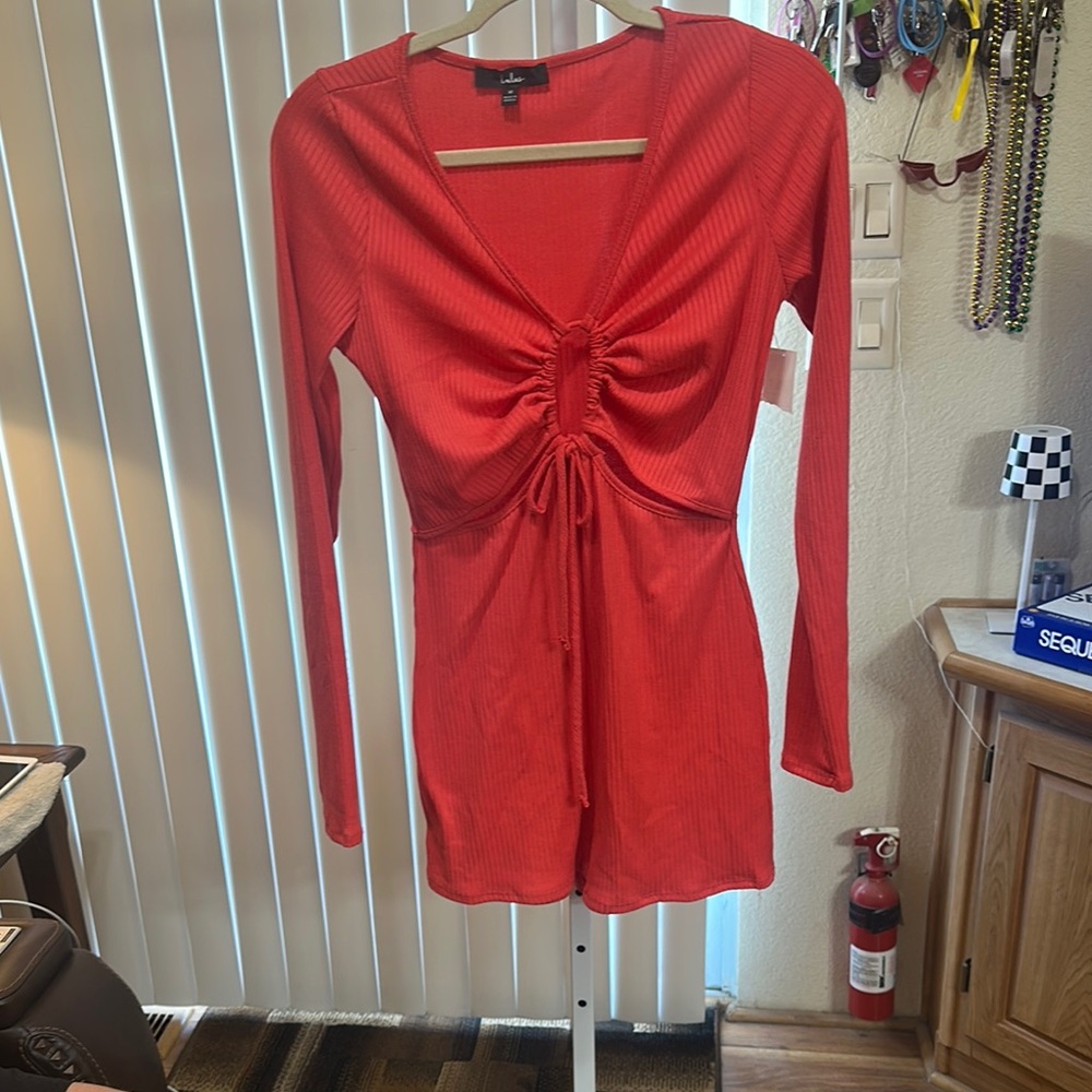 Lulu’s Dark Orange Long Sleeve Ruched Romper - Picture 3 of 7